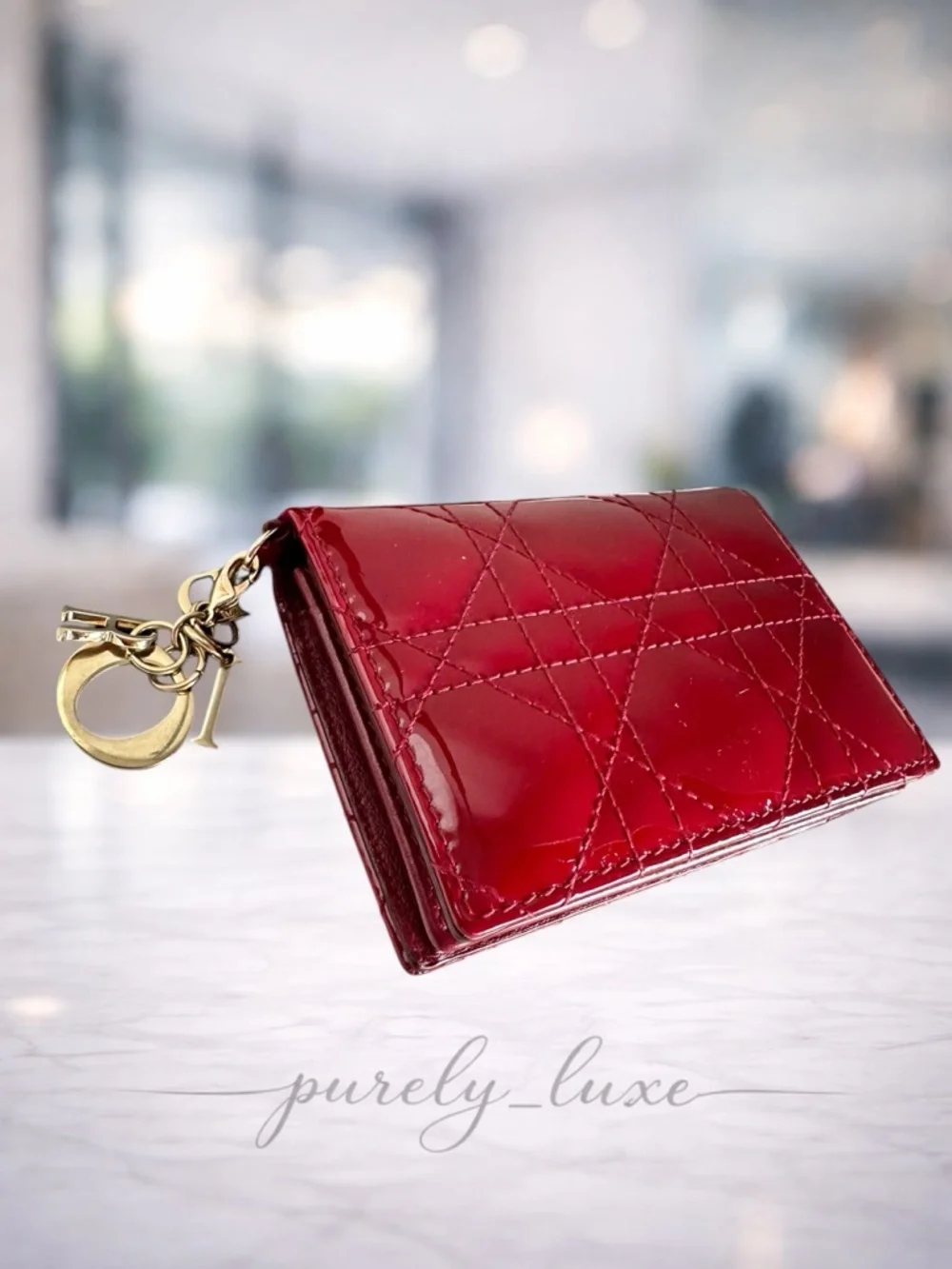 Authentic Dior Red Quilted Patent Leather Card Holder- FREE COA